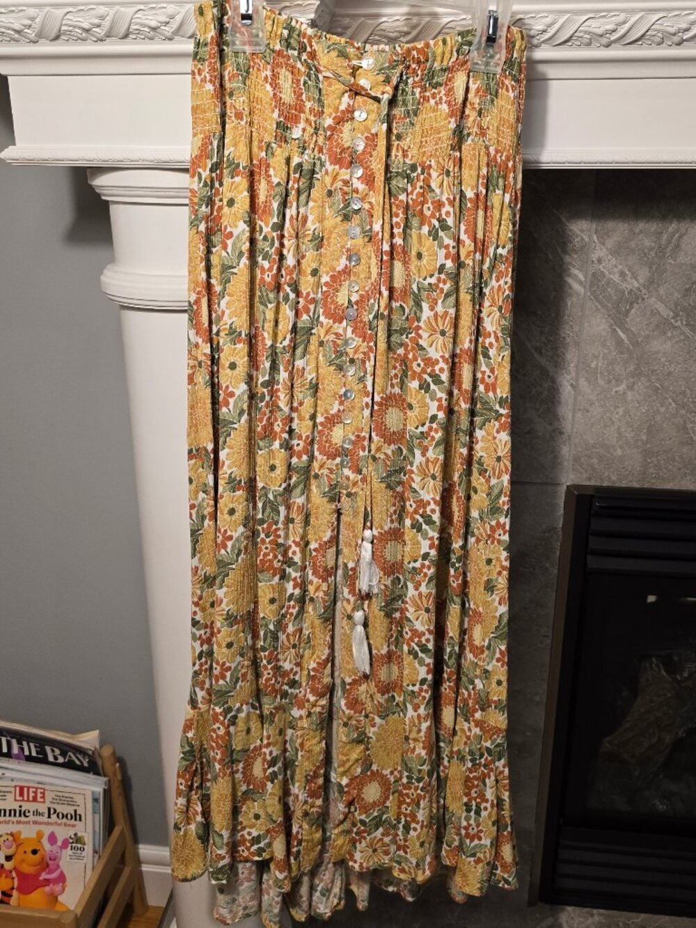 Ava Christy Floral Boho midi Skirt Smocked High Waist Button Front Size Small